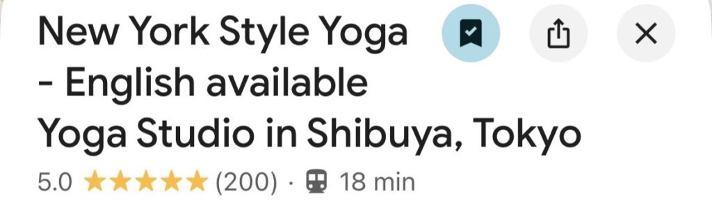 Screenshot showing 200 Google reviews for New York Style YOGA studio in Shibuya, Tokyo.