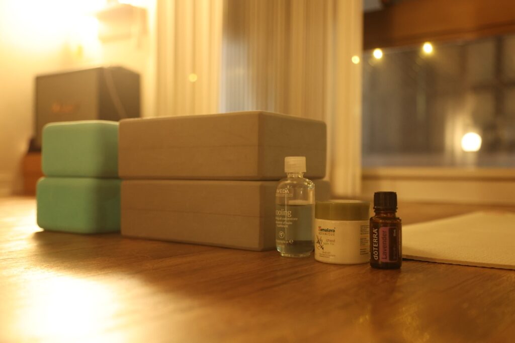 Yoga blocks and aromatherapy items used during yoga classes at New York Style YOGA studio in Shibuya, Tokyo.
